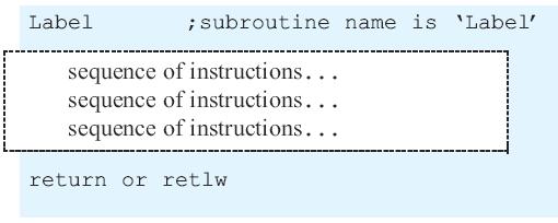 Subroutine Programming by Assembly Instructions Asubroutine contains a sequence of instructions, begins with a label (subroutine_name) and ends with command return or retlw.