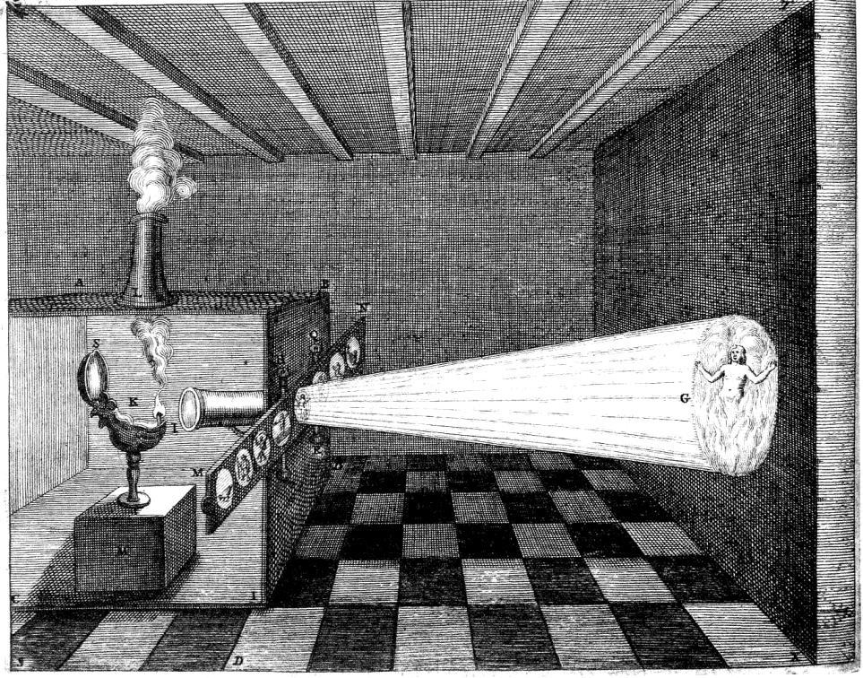 Kircher ın Sihirli Fener (Magic Lantern) adını verdiği bu aygıt, karanlık bir kutu, bir ayna ve bir mercekten oluşmaktaydı.