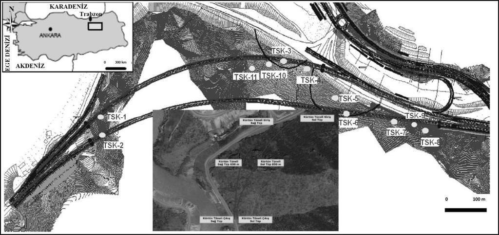 Şekil 1. Tünel güzergahını ve sondaj noktalarını gösteren plan Portalde destek betonu uygulaması, Türkiye de ilk kez Doğu Karadeniz Sahil Yolu nun yapımında Çayeli Tüneli nde uygulanmıştır (Vardar vd.