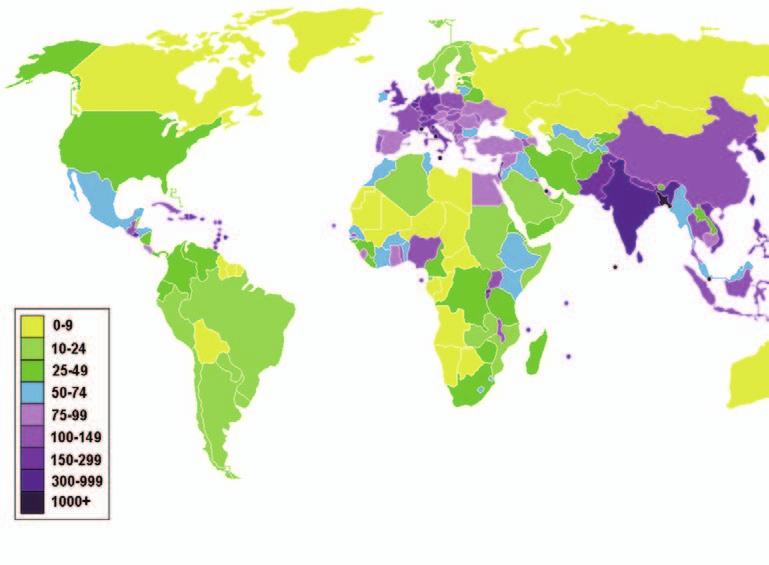 2 ნახ. 5. მოსახლეობის სიმჭიდროვე მსოფლიოში (2008 წ.) (ადამიანი/კმ 2 ) წყარო: www.spearheadresearch.org 2.1.