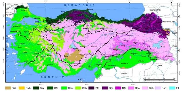 235 47 meteoroloji istasyonu ile analiz edilen Doğu Anadolu Bölgesi nde Bsk (7), Csa (4), Dfb (6), Dsa (22) ve Dsb (8) iklim tipleri görülmekte, bölgenin batısındaki depresyon alanlarında ve Iğdır