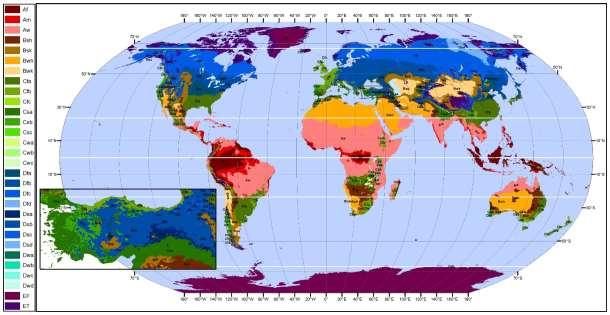 228 Şekil 2. Dünya ve Türkiye Köppen-Geiger iklim sınıfları haritası (Hijmans ve diğ.