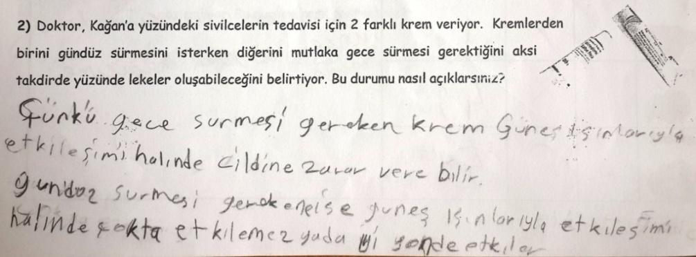 Tablo 4.33: KAT form 1'deki 2 numaralı sorunun analizinden elde edilen bulgular. Soru: Doktor, Kağan a yüzündeki sivilcelerin tedavisi için 2 farklı krem veriyor.