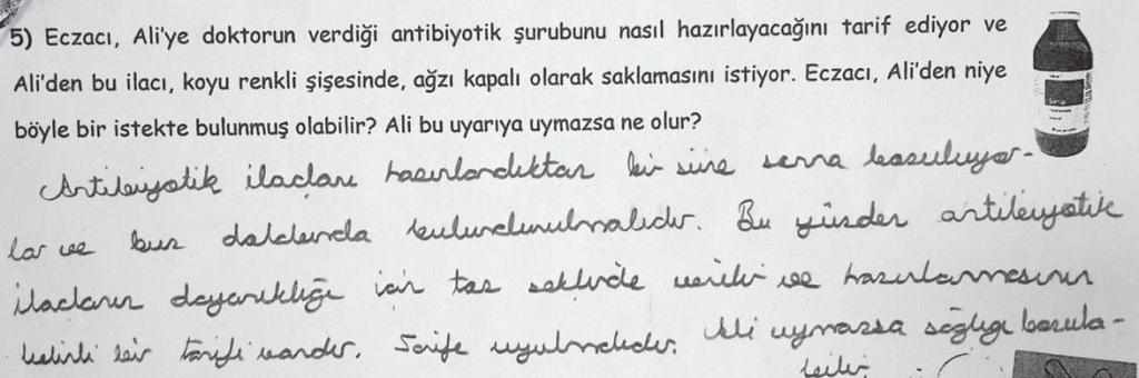 Şekil 4.32: Kodlanamaz kategorisine örnek öğrenci cevabı (Ö9). Tablo 4.37'ye göre, ön testte öğrencilerin çoğu soruya kısmen doğru cevap verirken soruya tam doğru cevap veren öğrenci bulunmamaktadır.