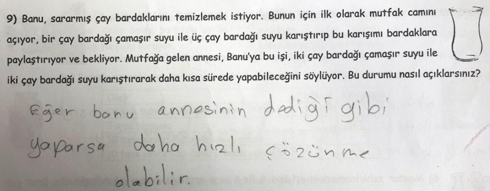 hızı arasında doğru ilişki kuranlar, bu kategori altında toplanmıştır. Bu kategoriye örnek olarak Ö11 in son test cevabı, Şekil 4.67 de gösterilmektedir. Şekil 4.67: Tam doğru kategorisine örnek öğrenci cevabı (Ö11).