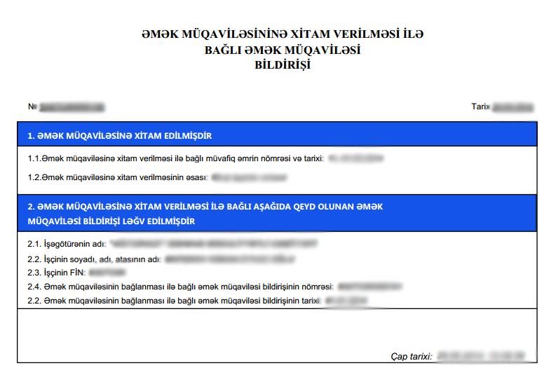 Şəkil 44. Əmək müqaviləsinə xitam verilməsi ilə bağlı əmək müqaviləsi bildirişi 8. Əmək müqaviləsi bildirişlərinin reyestri 8.1.