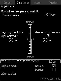 7.5 Çalıştırma (2) Bu menüde; ayar noktası, çalışma modu, kontrol modu ve tek tek pompaların kontrolü gibi temel parametreleri ayarlayabilirsiniz. 7.5.1 Çalıştırma (2) 7.5.2 Sistemin çalışma modu (2.