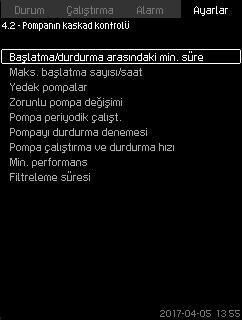 7.7.13 Pompanın kaskad kontrolü (4.2) 7.7.15 Maks. başlatma sayısı/saat (4.2.1) Türkçe (TR) Şekil 52 Pompanın kaskad kontrolü Bu menüde, kademeli pompa kontrolüne bağlı işlevleri ayarlayabilirsiniz.