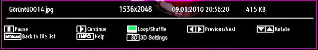 Rotate (Up/Down buttons): Rotates the image using up/down buttons. RETURN (Exit): Back to file list. INFO: Displays help screen. 3D: Press to view 3D Settings.