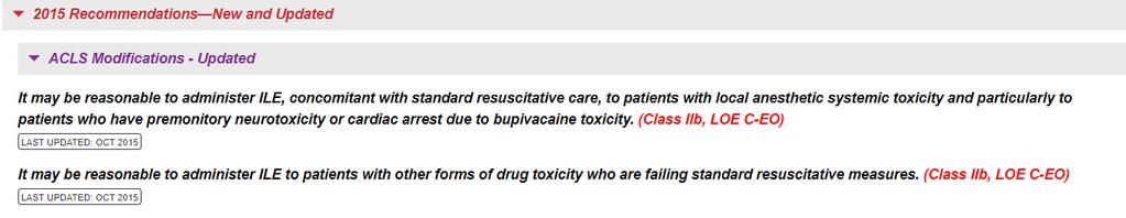AHA 2015 ÖNERİLERİ Lokal anestezik sistemik toksisiteli hastalara ve özellikle bupivakain toksisitesinden dolayı nörotoksisite veya arrest gelişen hastalara ILE'nin standart resüsitasyon