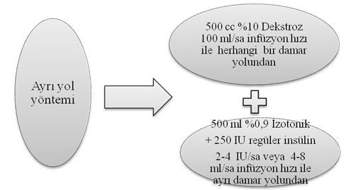 majör cerrahi giriflim geçirecek tip 1 diyabeti olan hastalara IV insülin ve glikoz ayr yoldan uygulanmal ve saatlik kan glikozu de eri izlenmelidir.