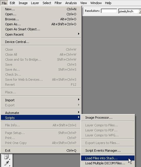 File Scripts Loads File into Stack skripti ile Photoshop ortamında bir