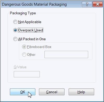 9. Tehlikeli Mallar Malzeme Paketlemesi penceresi görünür. Gönderiniz için uygun paketleme türünü seçin.