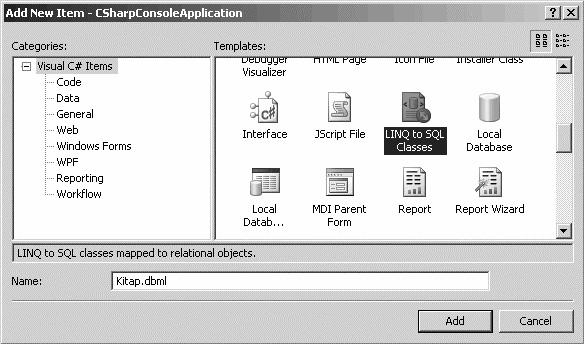 SQL ve XML için LINQ Kullanımı 793 Projemize LINQ to SQL Classes nesnesini eklediğimizde O/R