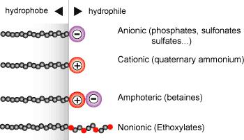 Yüzey aktif maddelerin molekül yapısında bulunan hidrofob kısım normal olarak dallanmış hidrokarbon, diğer kısmı olan hidrofil kısım ise iyonik veya