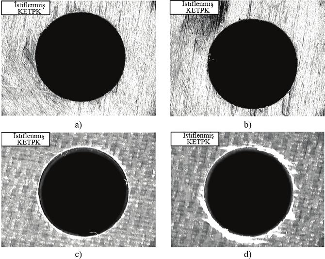 Şekil 16. KETPK/Ti-6Al-4V nin delinmesinde KETPK plakada delaminasyon oluşumu (S:4500 dev/dak, f: 457 mm/dak): a) KETPK/Ti-6Al-4V nin delinmesi- 1. Delik girişi, b) KETPK/Ti-6Al-4V nin delinmesi-15.