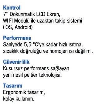 . Temel Teknik Özellikler Kontrol Ekranı // 7 Dokunmatik Grafik Blok Kapasitesi // 96x0,2ml Sıcaklık Aralığı // 4-99,9 C Isıtma/Soğutma Hızı // 5,5 C/sn Sıcaklık Doğruluğu // < ± 0,3 C Ekran