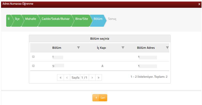 Bina/Site numarasının seçileceği aşağıdaki ekran