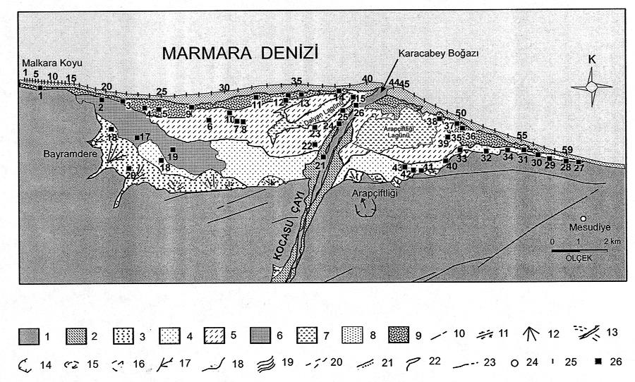 58 Yerbilimleri fiekil 2. Kocasu Deltas n n Kuvaterner jeolojisi-jeomorfolojisi ve örnekleme yerleri. (1. deltay çevreleyen afl - n m alan, 2. taflk n ovas çökelleri, 3. yelpaze çökelleri, 4.