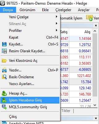 2.PARİTEM METATRADER PROGRAMI OTURUMU AÇMA VE KAPATMA Platform açıldığında oturumu açmak için sol üst köşedeki