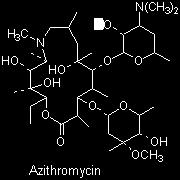 Azitromisin Azitro R, Azro R,Zitromax R Kimyasal olarak, C-10 ile C-11 arasına N-Metil grubu sübstitüsyonu yapılmış. Makrolitlerin bir alt grubu olan azalid grubu bir antibiyotiktir. (Aza-makrolid).