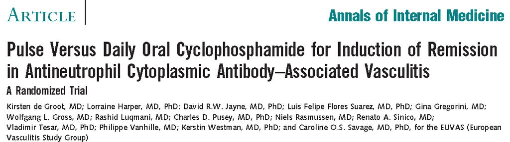 Amaç Pulse Siklofosfamid ile oral Siklofosfamidin remisyon indüksiyonunda karşılaştırılması Metot Randomize kontrollü çalışma Avrupa'dan 42 merkez Toplam 149 yeni tanılı hasta Pulse 15 mg/kg, 2-3