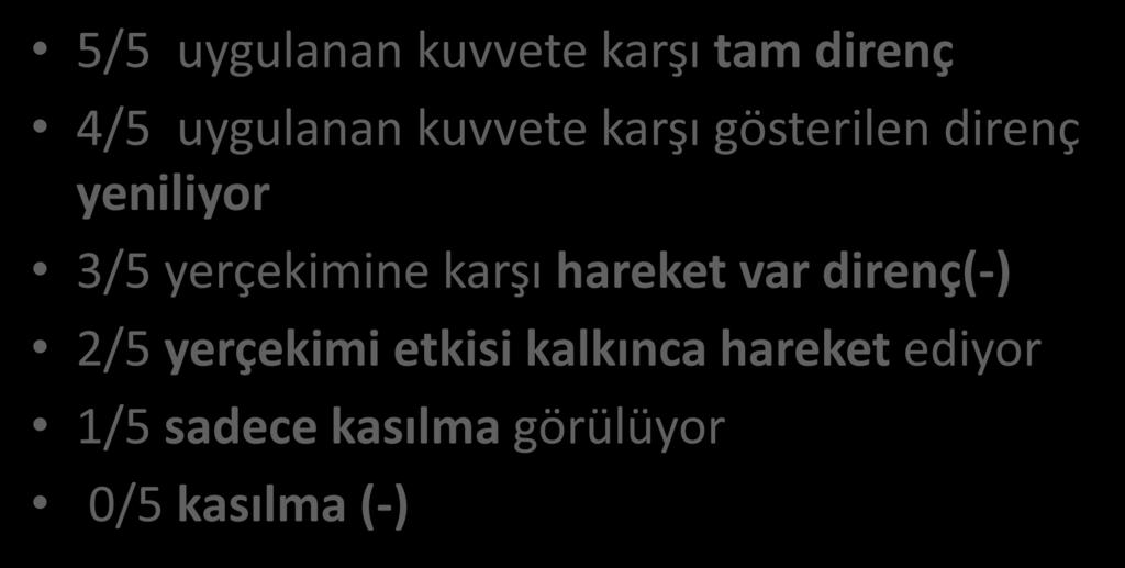 Kas gücü muayenesi 5/5 uygulanan kuvvete karşı tam direnç 4/5 uygulanan kuvvete karşı gösterilen direnç yeniliyor 3/5