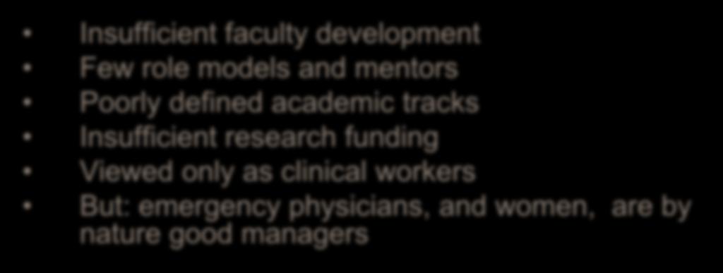 Specific challenges in EM Insufficient faculty development Few role models and mentors Poorly defined academic tracks Insufficient research