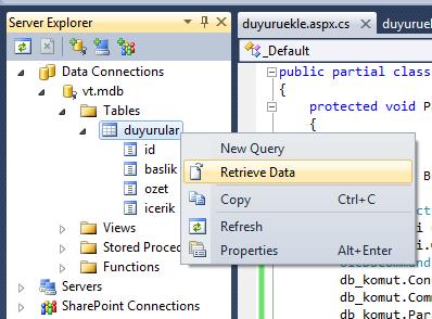 Duyuruyu Ekleyiniz Button una çift tıklayıp kodlarımızı yazıyoruz. using System; using System.Collections.Generic; using System.Linq; using System.Web; using System.Web.UI; using System.Web.UI.WebControls; using System.