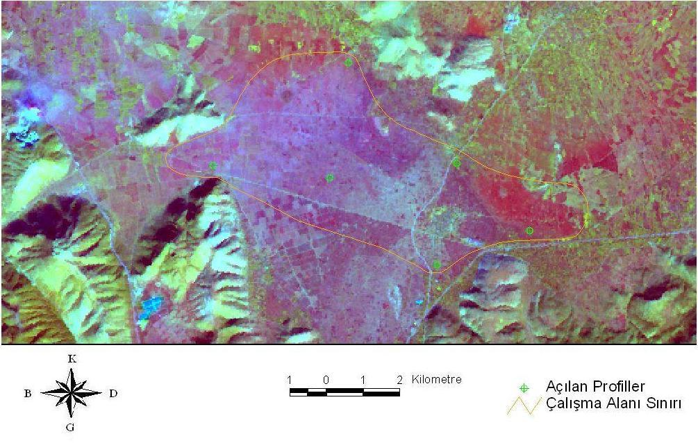 16 Şekil 6. Landsat 7 ETM+ 6,4,1 Bant kombinasyonlu ve açılan profil yerlerini gösterir uydu görüntüsü.