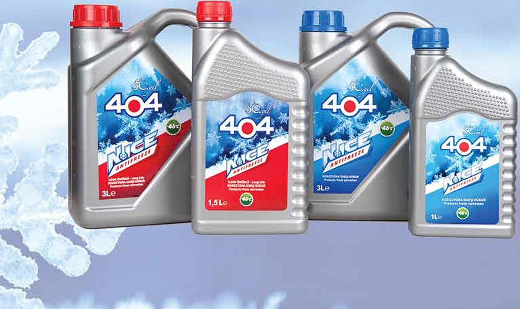 404 NİCE ANTİFİRİZ 404 N.Ice antifriz benzinli, dizel, LPG li araçlarda ve tüm iş makinalarında 3 lü koruma etkisiyle kışın donmaya, yazın kaynamaya ve 4 mevsim korozyona karşı korur. 404 N.ICE ANTIFREEZE ÜRÜN ADI AMBALAJ RENK KOLİ İÇ ADETİ 404 N.