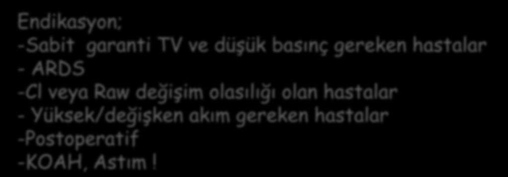 olur Endikasyon; -Sabit garanti TV ve düşük basınç gereken hastalar - ARDS -Cl veya Raw