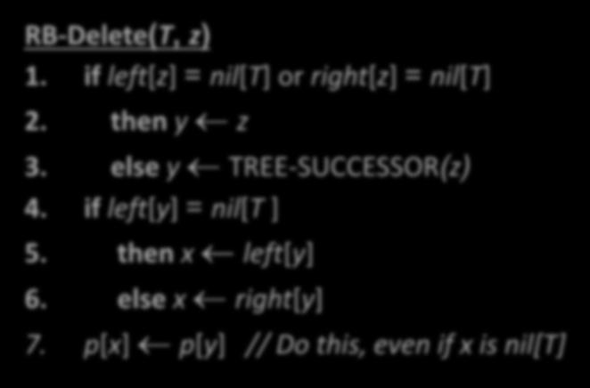 RBT - Silme RB-Delete(T, z) 1. if left[z] = nil[t] or right[z] = nil[t] 2. then y z 3. else y TREE-SUCCESSOR(z) 4.