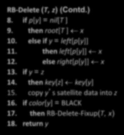 RBT - Silme RB-Delete (T, z) (Contd.) 8. if p[y] = nil[t ] 9. then root[t ] x 10. else if y = left[p[y]] 11. then left[p[y]] x 12. else right[p[y]] x 13.