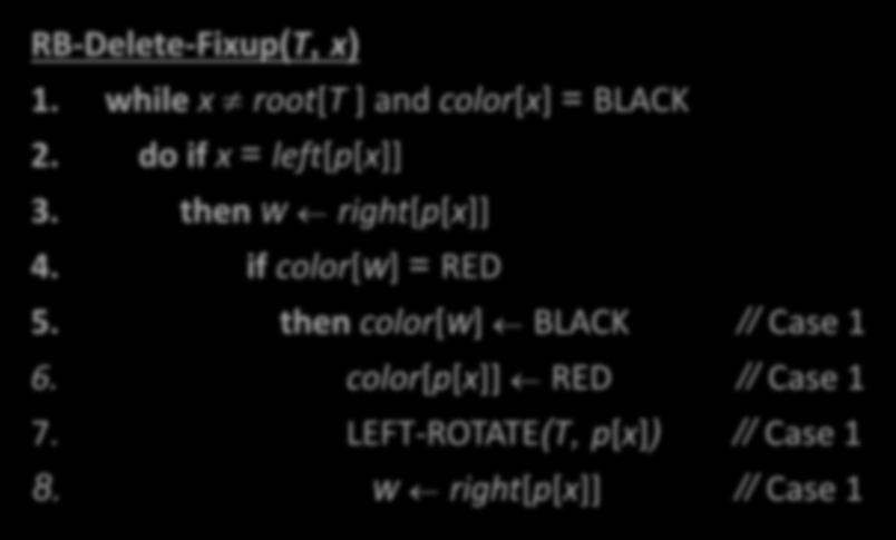 RB-Delete-Fixup RB-Delete-Fixup(T, x) 1. while x root[t ] and color[x] = BLACK 2. do if x = left[p[x]] 3. then w right[p[x]] 4. if color[w] = RED 5.