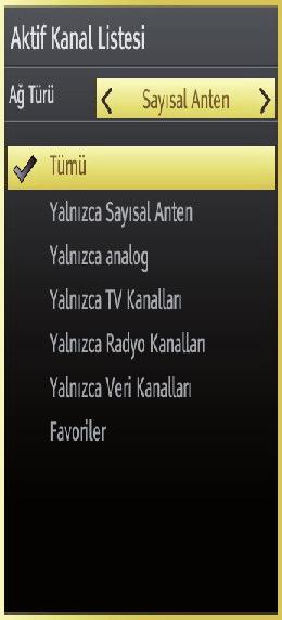 Yayın Tipi: İstenilen yayın tipini ya da tuşlarını kullanarak ayarladığınızda televizyon ilgili kanal listesini gösterecektir.