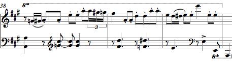 Bu piyano solo (Şekil 2.130) sırasında, sol elin ilk ölçüde umpa-umpa kalıbını icra etmesi, diğer ölçülerde de zayıf zamanda akorlar icra etmesi senkoplamaları doğurmuştur. 38.