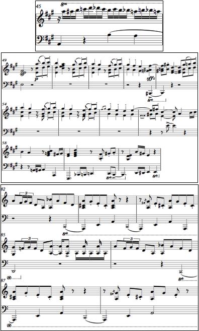 ölçüdeki piyano solo onaltılık notalarla icra edilmiştir. 49. ölçüdeki piyano solo, 25. ölçüdeki piyano solonun bir varyasyonudur. 82.