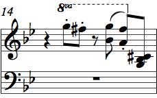 dörtlük notadır; bununla beraber 42. ölçüdeki kalıp, tango müziğindeki senkoplama kalıbı olduğundan bu ölçülerdeki senkoplama, antisipasyonlu senkoplama olarak değerlendirilmelidir. Şekil 2.142: 57.
