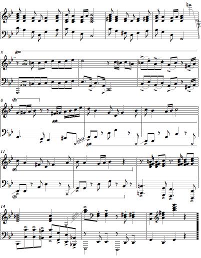 Troilo orkestrasının piyano sololarında, tek elle icra ile iki elle homofonik ve unison icra teknikleri sıklıkla icra edilmiştir. Düzenlemedeki ilk dört ölçüde iki elle homofonik icraya, 5.