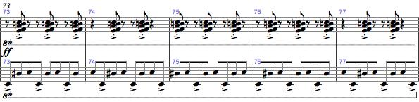 Şekil 2.10 da keman, piyano, kontrbas ve gitar partilerinde 3-3-2 kalıbı görülürken, bandoneon partisi melodi yükünü taşır.