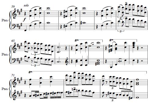 Piyanistler, melodinin kendileri tarafından çalınacağını piyano partisinde yazan solo kelimesi ile anlarlar. Piyano soloları (Şekil 2.12, Şekil 2.13, Şekil 2.14, Şekil 2.