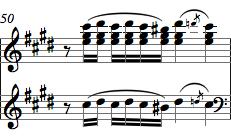 ölçüsünde tekrar etmiştir; aranjör eserin başında bulunan A bölümündeki melodiyi çeşitleyerek bandoneon, keman ve piyano partilerine varyasyonlar