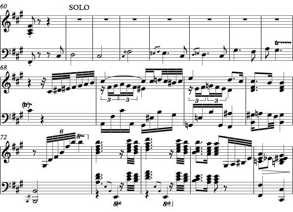 Kontrbas, piyano solo boyunca senkoplama ve markato (marcato) olarak eşlik eder. Keman partisinde, piyano solonun başından 69. ölçüye kadar pizzicato notalar; eserin 69.