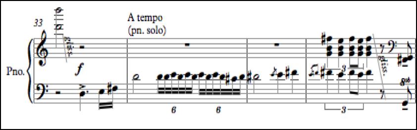 Şekil 2.83: 31.-32. Ölçüler 2.2.2.3.2 Danzarin Dört ölçü uzunluğunda bir tane piyano solo (Şekil 2.84) vardır. Şekil 2.84: 33.-36.