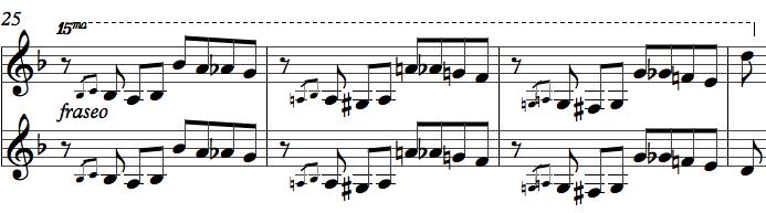 2.2.2.3.3 Quejas de bandoneón Sekiz ölçü uzunluğunda bir tane piyano solo (Şekil 2.86) vardır. Şekil 2.86: 45.-54.