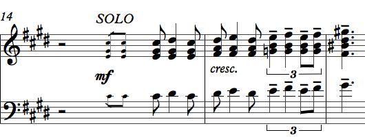 hareket görülürken kontrbas ve bandoneon partilerinin 1.ve 3. vuruşta icra edildiği görülür. Piyano solo; üçlü ve beşli aralıklı homofonik olarak icra edilmiştir. Piyanist, melodiyi iki elle 1. ve 2.