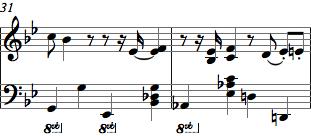 ölçüdeki piyano solo (Şekil 2.124) boyunca piyanist, melodiyi icra ederken kontrbas zaman zaman piyanistin sol eli ile unison icra etmektedir.