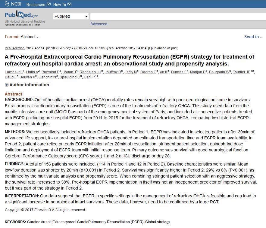 Bu çalışma, Paris'teki acil tıbbi sistemin bir parçası olarak mobil yoğun bakım biriminden elde edilen verileri kullanmış ve refrakter HDKA ın tedavisi için 2011-2015 yılları arasında E-KPR ile