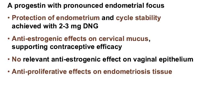 DNG- genital etkileri ü -Endometriyal etkinliği çok yüksek bir Progesterone ü -Endometriyal koruma ve siklus stabilitesi 2-3 mg DNG ile maksimum seviyede sağlanmakta ü